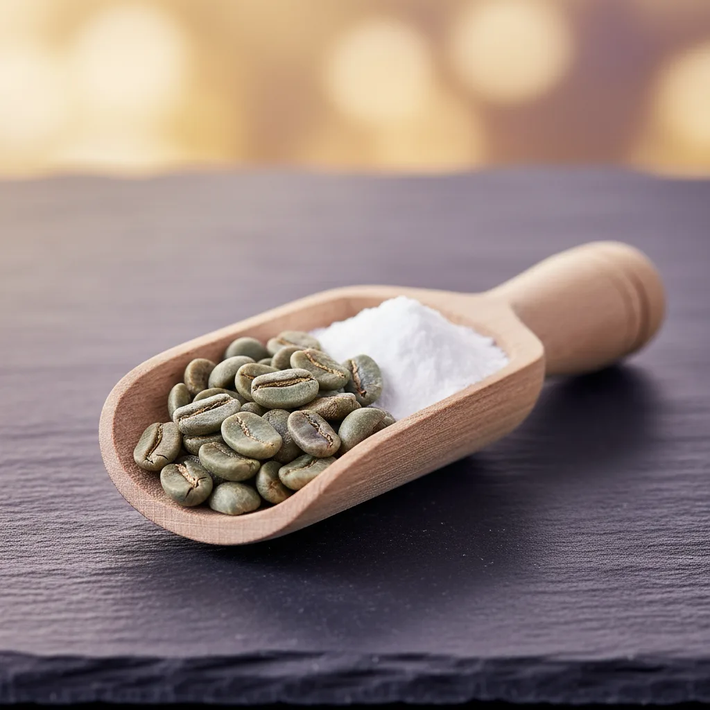 Grüne Kaffeebohnen und L-Carnitin-Pulver in einem Holzlöffel auf Schieferplatte - natürliche Zutaten für Wellaray Coffee